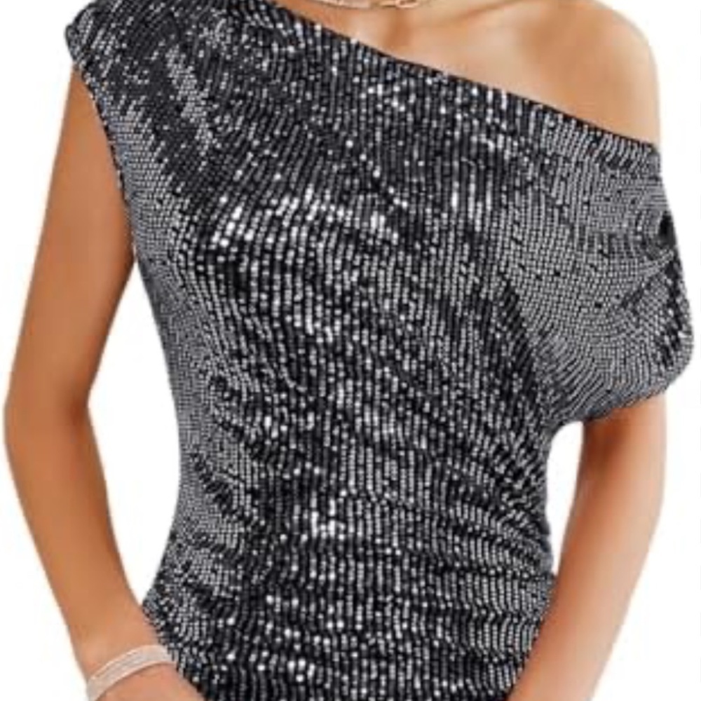 Grace Karin NWT Black & Silver Sequin Off Shoulder Top